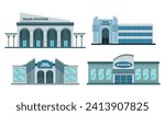 Set of Icons Railway Station Building Platform collection, train station or railroad station architecture Facades, modern exterior, Isolated on White Background. Cartoon Vector Illustration.