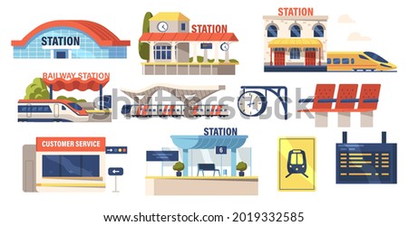 Set of Icons Railway Station Building, Plastic Seats, Electric Train, Platform, Customer Service Booth and Digital Schedule Display, Clock Isolated on White Background. Cartoon Vector Illustration