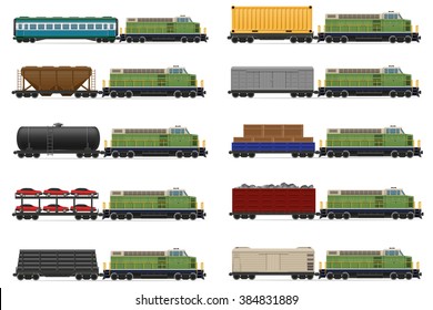 set icons railway train with locomotive and wagons vector illustration isolated on white background