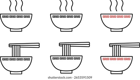 Set of icons of ramen with steaming ramen and noodles being held up by chopsticks