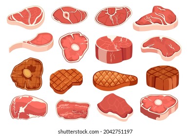 Set of Icons Raw and Grilled Steak Chops. Meat Sirloin Roast and Fresh Pieces, Tenderloin with Bone Barbeque or Grill Meal, Fresh and Done Beef Slices. Isolated Elements, Cartoon Vector Illustration