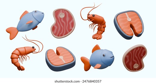 Set of icons of raw ingredients for seafood menu. Whole fish, piece of meat