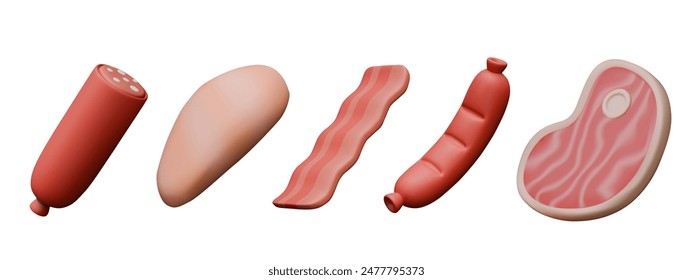 Set of icons of raw meat and ready made meat products. Sausage, chicken fillet, salami, bacon, steak