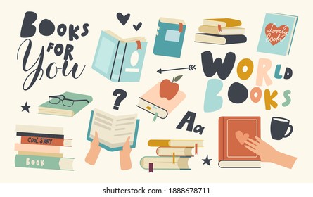 Set of Icons Readers Hobby, Reading Book, Textbook with Eyeglasses, Coffee Cup and Typography with Arrow. Knowledges, Education, Learning and Bookworm Passion Concept. Linear Vector Illustration