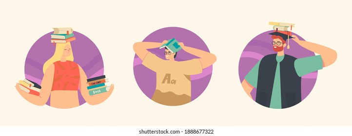 Set of Icons Readers Reading Holding Books Above Heads. Young People Students or Bookworms Spend Time in Library, Characters Prepare for Examination in Literature Storage. Linear Vector Illustration