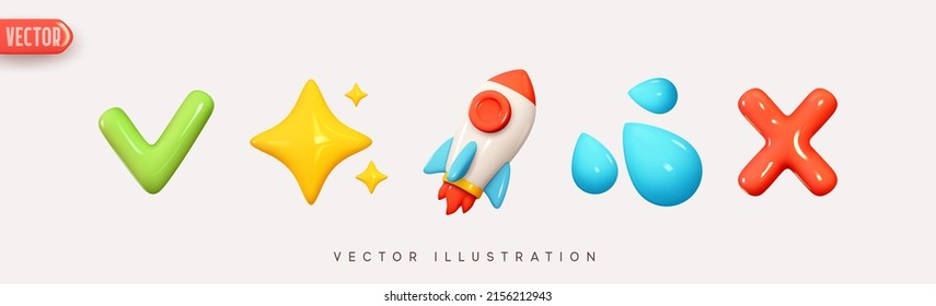 Set icons realistic 3d render green tick  yellow stars   space rocket  blue water drops   red cross  Pack 5  Vector illustration