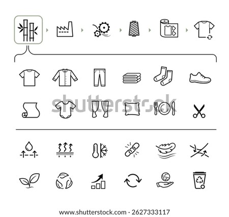 Set icons for recycling, utilisation bamboo textile clothing. The outline icons are well scalable and editable. Contrasting vector elements are good for different backgrounds. EPS10.