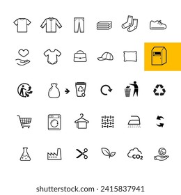 Set icons for recycling, utilisation textile clothing. The outline icons are well scalable and editable. Contrasting vector elements are good for different backgrounds. EPS10.