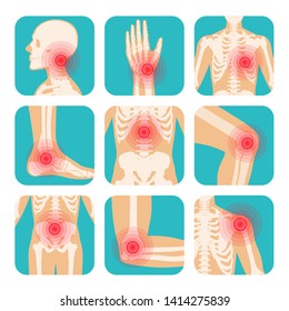 Set of icons red circle pain localization on human body, skeleton, joints and bones, neck, wrist, chest, leg, spine, knee, elbow and shoulder vector illustration