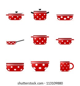 Set of icons of red cookware in white point