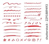 Set of icons with red pen handwriting lines and arrows