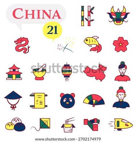 A set of icons in red, white, and yellow, dedicated to life in China. EPS 10.
