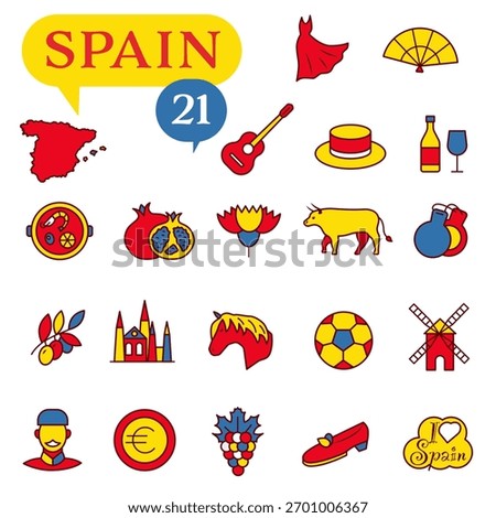 A set of icons in red and yellow colors dedicated to life in Spain. EPS 10.
