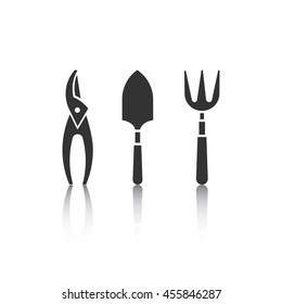 Set of icons with reflection - garden tools. Web site design. Spring season gardening