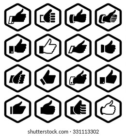 Set icons with reflection, rounded hexagon. Vector illustrations