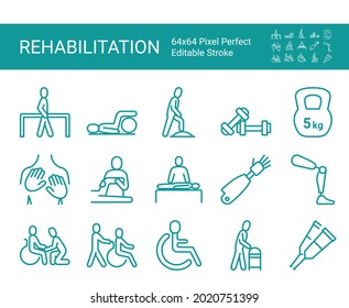 Set of icons of rehabilitation. Editable vector stroke. 64x64 Pixel Perfect.