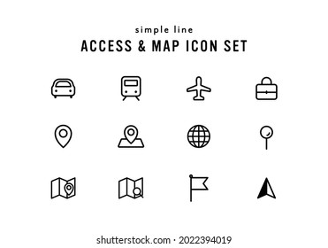 A set of icons related to access and maps.
This illustration has elements of transportation, car, train, plane, location, pin, global, destination.