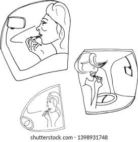 A set of icons related to beauty. The method of applying makeup in the car, the most unusual situation, a woman paints her lips. - Vector graphics