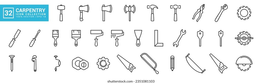 Conjunto de iconos relacionados con herramientas de carpintería, diversas herramientas de pintura, plantillas de iconos de carpintero, iconos mecánicos editables y modificables EPS 10	