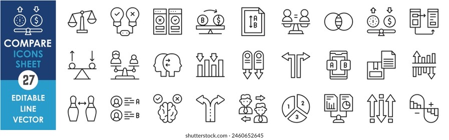 A set of icons related to comparison. Compare linear icons set. Outline icons used to differentiate.