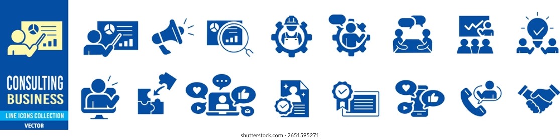Conjunto de iconos relacionados con la consultoría. Colección de iconos lineales de trazo editable. Ilustración vectorial.