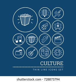 Set of icons related to culture painting, music and cinema vector illustration thin line style