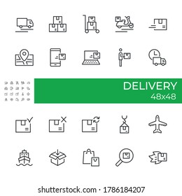 Set of icons related to the Delivery topics. Includes icons for truck, supply, parcel, product, return, courier, logistics, etc. . Size 48×48 pixel. Editable vector illustration of the icon.