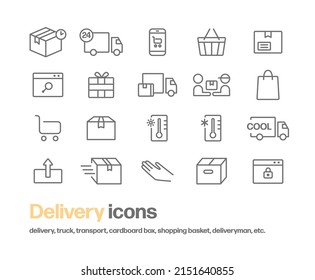 Un conjunto de iconos relacionados con la entrega y el transporte. Un icono sencillo dibujado con una línea. Incluye iconos como cajas de cartón, camiones, carros de compras, personal de entrega, control de temperatura, etc.