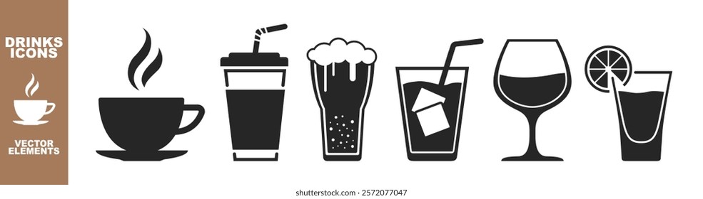 A set of  icons related to drinks, bar and alcohol. Drinks, cocktail, mocktail, bar, wine, beer icons on transparent background.