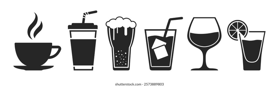 A set of  icons related to drinks, bar and alcohol. Drinks, cocktail, mocktail, bar, wine, beer icons on transparent background.