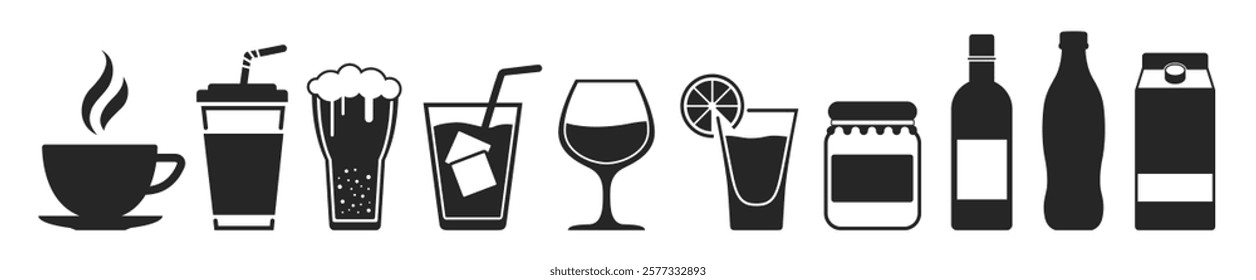 A set of  icons related to drinks, bar and alcohol. Drinks, cocktail, mocktail, bar, wine, beer icons on transparent background.