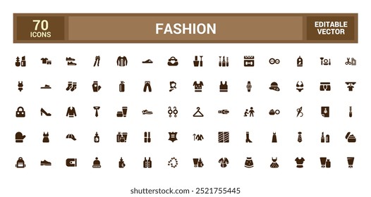 Conjunto de iconos relacionados con la moda, graznido, ropa, vestido. Colección de iconos sólidos. Glifo para Web y ui. Paquete de iconos de moda lleno. Conjunto de iconos sólidos. Ilustración vectorial.