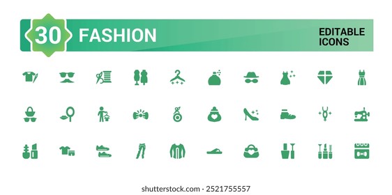 Conjunto de iconos relacionados con la moda, graznido, ropa, vestido. Colección de iconos sólidos. Glifo para Web y ui. Paquete de iconos de moda lleno. Conjunto de iconos sólidos. Ilustración vectorial.