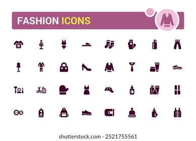 Conjunto de iconos relacionados con la moda, graznido, ropa, vestido. Colección de iconos sólidos. Glifo para Web y ui. Paquete de iconos de moda lleno. Conjunto de iconos sólidos. Ilustración vectorial.