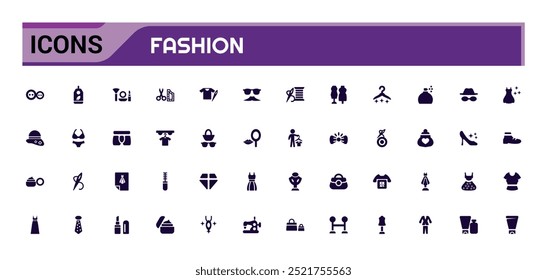 Conjunto de iconos relacionados con la moda, graznido, ropa, vestido. Colección de iconos sólidos. Glifo para Web y ui. Paquete de iconos de moda lleno. Conjunto de iconos sólidos. Ilustración vectorial.