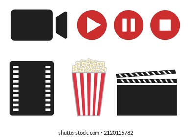A set of icons related to film and video. Film and popcorn. Editable vectors.