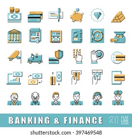 Set of icons related to finance and banking. Vector illustration. Collection of premium quality flat line icons. 
