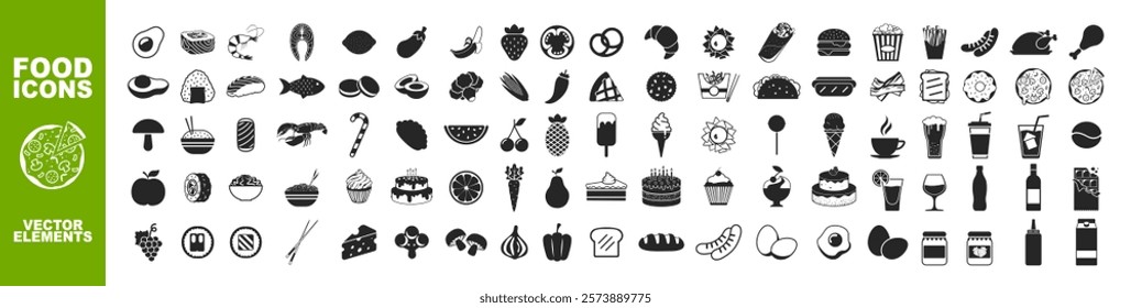 Set of icons related to food and drink on transparent background. Meal, ruits, fastfood, restaurant, pizza, dishes, fburger, coffee, sandwich collection