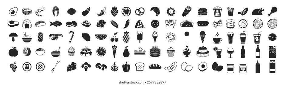 Set of icons related to food and drink on transparent background. Meal, ruits, fastfood, restaurant, pizza, dishes, fburger, coffee, sandwich collection