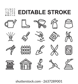 Set of icons related to gardening, caring for plants. Thin line style vector. Contains icons such as flower seeds, water sprayer, boots and more.