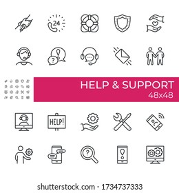 Set of icons related to the Help and support  topics. Includes icons for communication, support, help, customer service, partnership, online assistance, chats, FAQ, maintenance etc.. Size 48×48 pixel.
