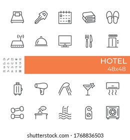 Set of icons related to the Hotel topics. Includes icons for bed, reception, key, arrival and departure date, baggage, etc. . Size 48×48 pixel. Editable vector illustration of the icon.