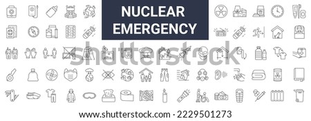 Set with icons related to how to be prepared for a nuclear explosion. Collection of editable stroke line icons. War, strike, radiation, surviving, equipment.