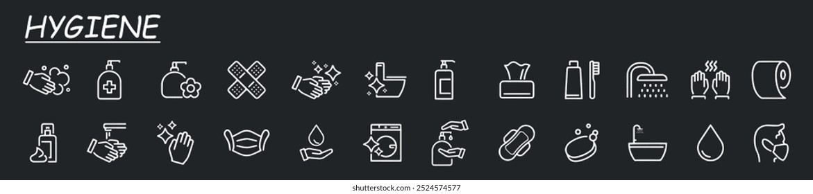 Set of icons related to hygiene. Linear icon collection on a grey background. Containing cleaning, disinfection, soap, bathing, sweep, shower, washing hands, clean and sanitation. Cleanliness concept