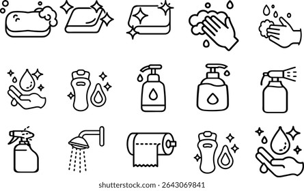 Set of icons related to hygiene. Linear icon collection. Vector illustration. Containing cleaning, disinfection, soap, bathing, sweep, shower, washing hands, clean and sanitation. 