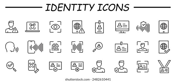 Set of icons related to identity and cyber security. Linear icon collection. For website marketing design, logo, app, template, ui, etc. Vector illustration.