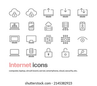 A set of icons related to the Internet and computers. A set of simple line drawing icons for cloud, security, PC, smartphones, servers, semiconductors, etc.