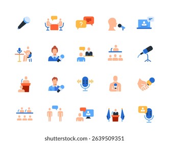 Set of icons related to interview. Colorful signs with live broadcast host, journalist, microphone, celebrity and audience. Design for app. Flat vector illustration collection isolated on background