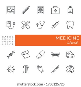 Set of icons related to the Medicine topics. Includes icons for medicament, first aid kit, ambulance, bandage, cardiogram, pills and other. Size 48×48 pixel. Editable vector illustration of the icon.
