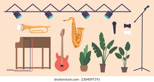 Juego de iconos relacionados con el concierto musical, el piano, la trompeta, el saxofón, la guitarra eléctrica y el micrófono con foco